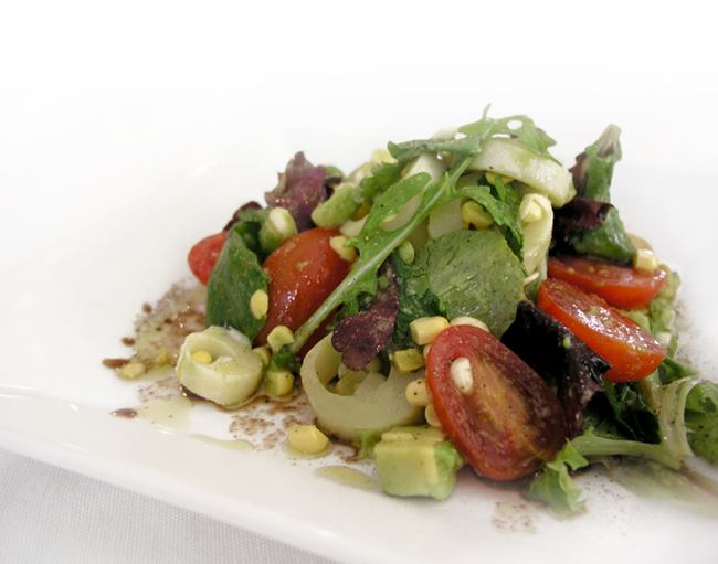Mixed Greens Salad with Hearts of Palm, Avocado, and Roasted Corn, Chipotle-Sherry Vinaigrette 